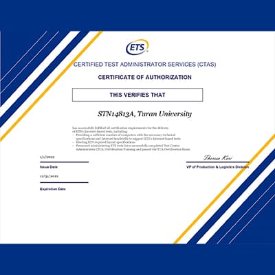 Turan University has received a Certificate of “TOEFL Center” from the International Company “ETS Global” for the admission of the international TOEFL iBT exam in 2022